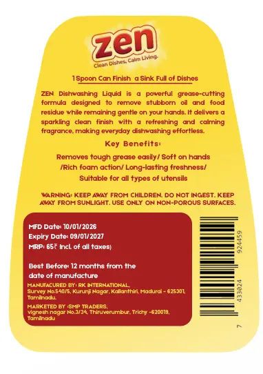 ZEN back label with product details and manufacturer info